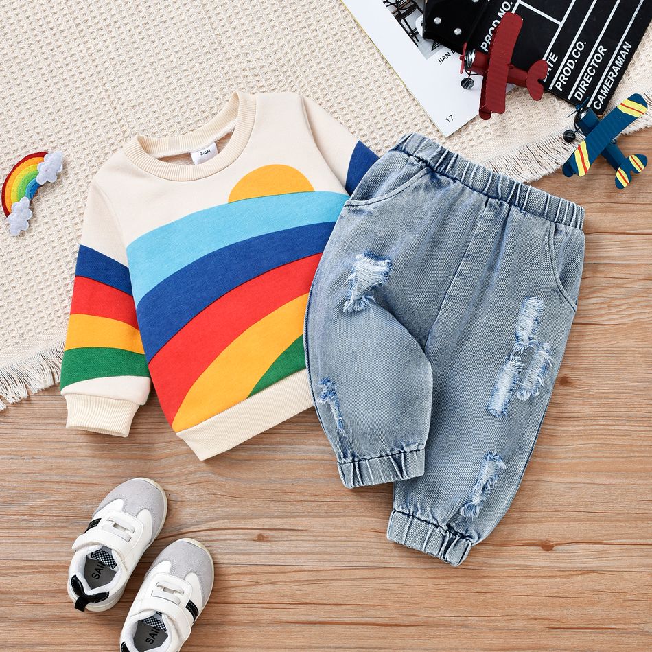 2 peças menino/menina 100% algodão jeans rasgado e conjunto de moletom de manga comprida com estampa de arco-íris Cor Bege big image 3