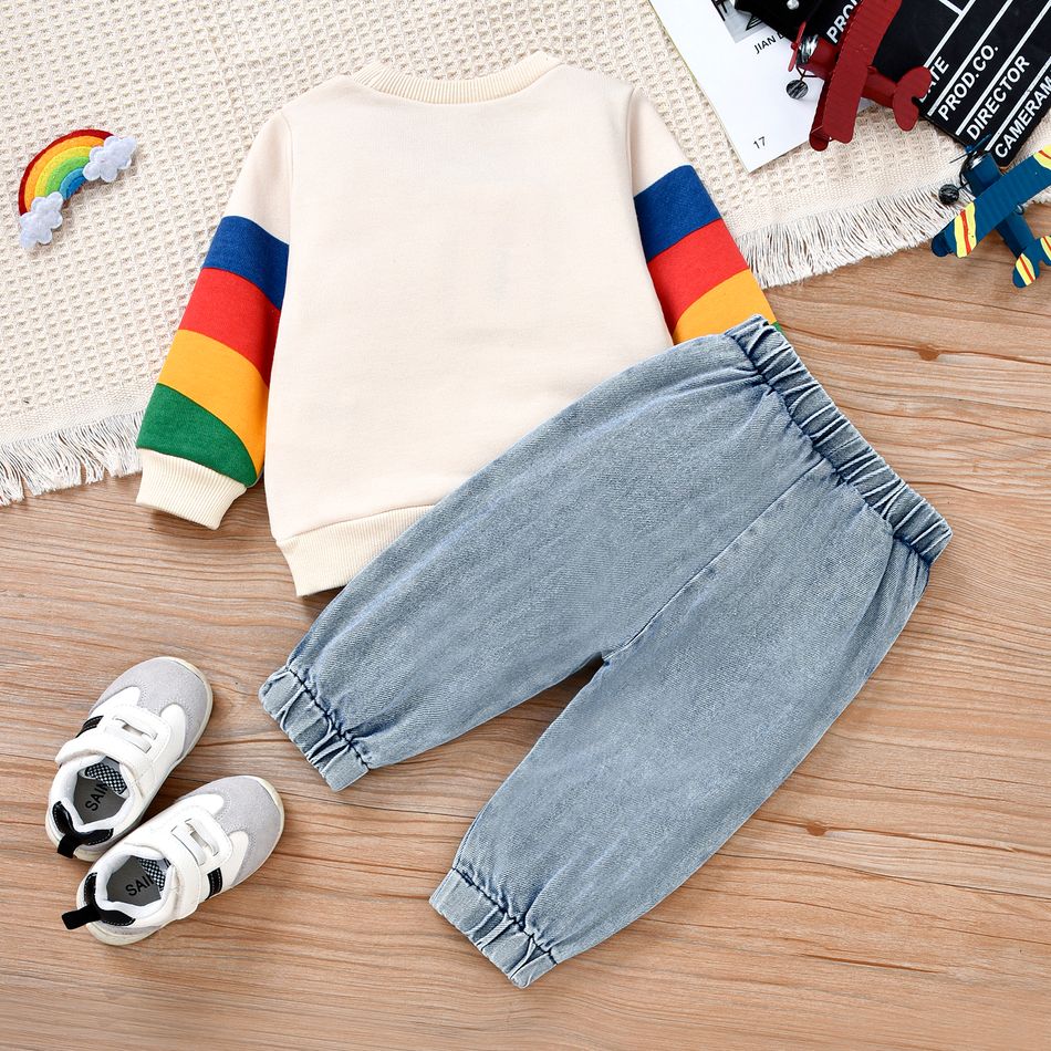 2pcs Baby Boy/Girl Rainbow Long-sleeve Sweatshirt and 100% Cotton Denim Ripped Jeans Set Beige big image 3