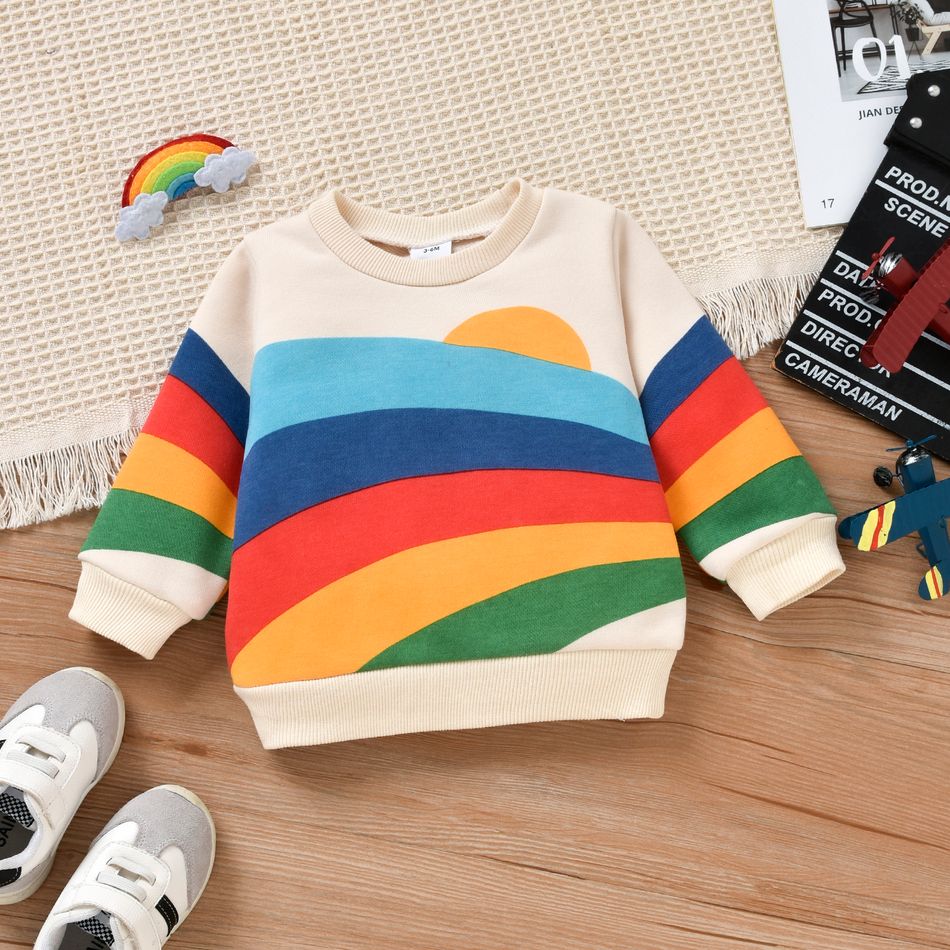 2pcs Baby Boy/Girl 100% Cotton Denim Ripped Jeans and Rainbow Print Long-sleeve Sweatshirt Set Beige big image 5