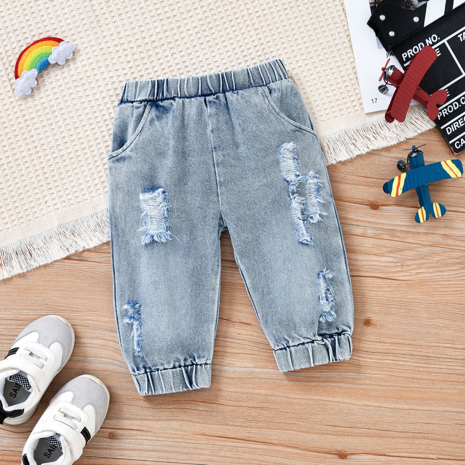 2pcs Baby Boy/Girl Rainbow Long-sleeve Sweatshirt and 100% Cotton Denim Ripped Jeans Set Beige big image 8