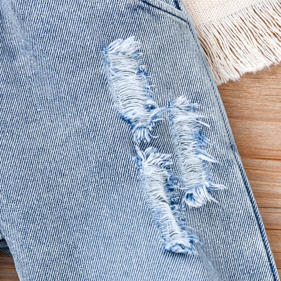 2pcs Baby Boy/Girl 100% Cotton Denim Ripped Jeans and Rainbow Print Long-sleeve Sweatshirt Set Beige big image 11