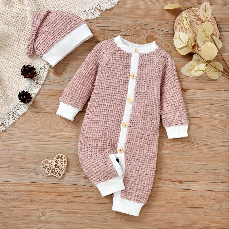 2pcs Baby Boy/Girl Solid Knitted Button Down Long-sleeve Jumpsuit Set Pink