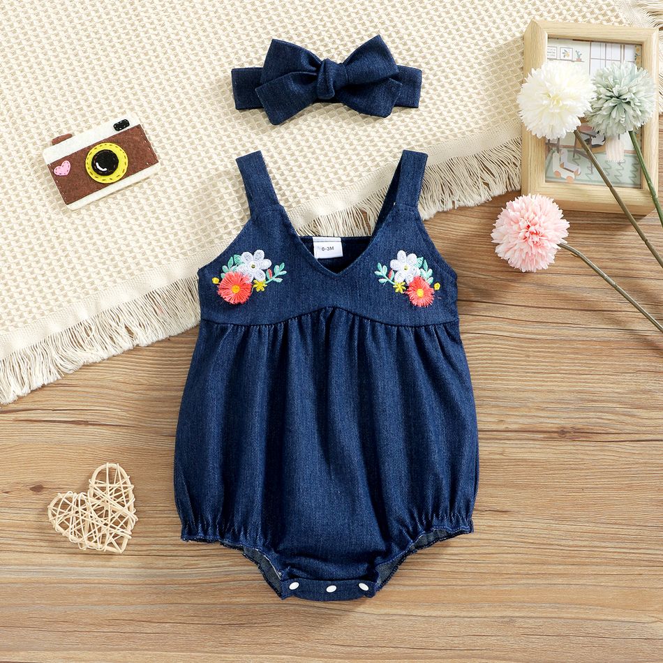 100% Cotton Denim 2pcs Baby Girl Floral Embroidered Sleeveless Romper with Headband Set Blue