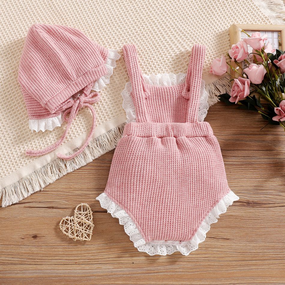 2pcs Baby Girl Pink Knitted Sleeveless Lace Bowknot Romper with Hat Set Pink