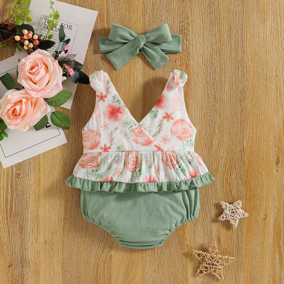 2pcs Baby Girl 95% Cotton Sleeveless V Neck Floral Print Ruffle Splicing Romper with Headband Set Green big image 3