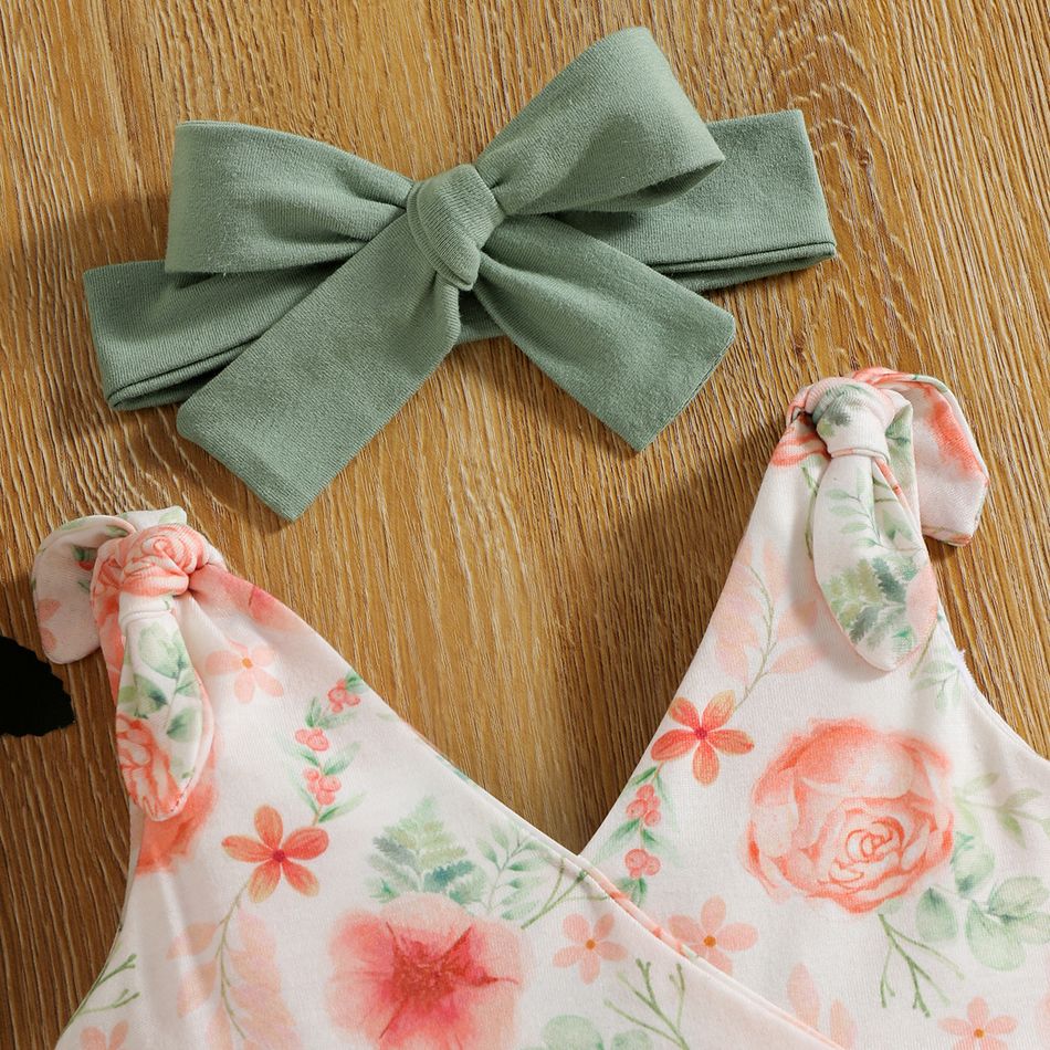 2pcs Baby Girl 95% Cotton Sleeveless V Neck Floral Print Ruffle Splicing Romper with Headband Set Green big image 4