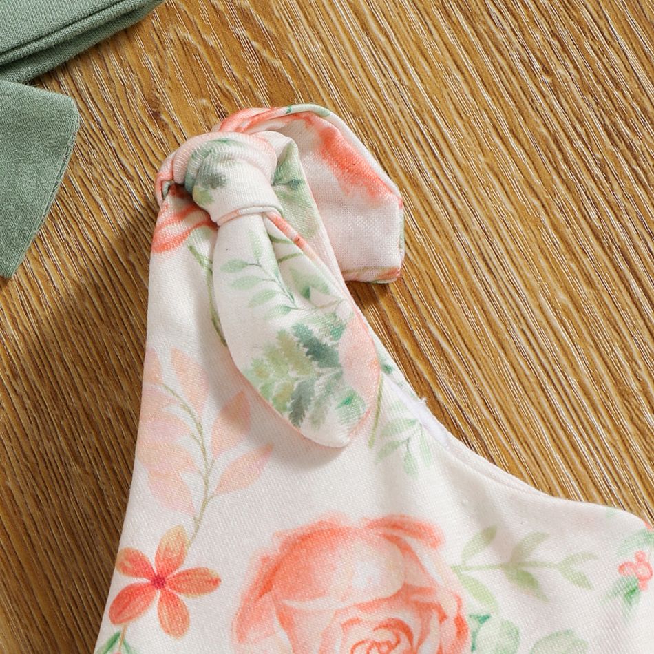 2pcs Baby Girl 95% Cotton Sleeveless V Neck Floral Print Ruffle Splicing Romper with Headband Set Green big image 5