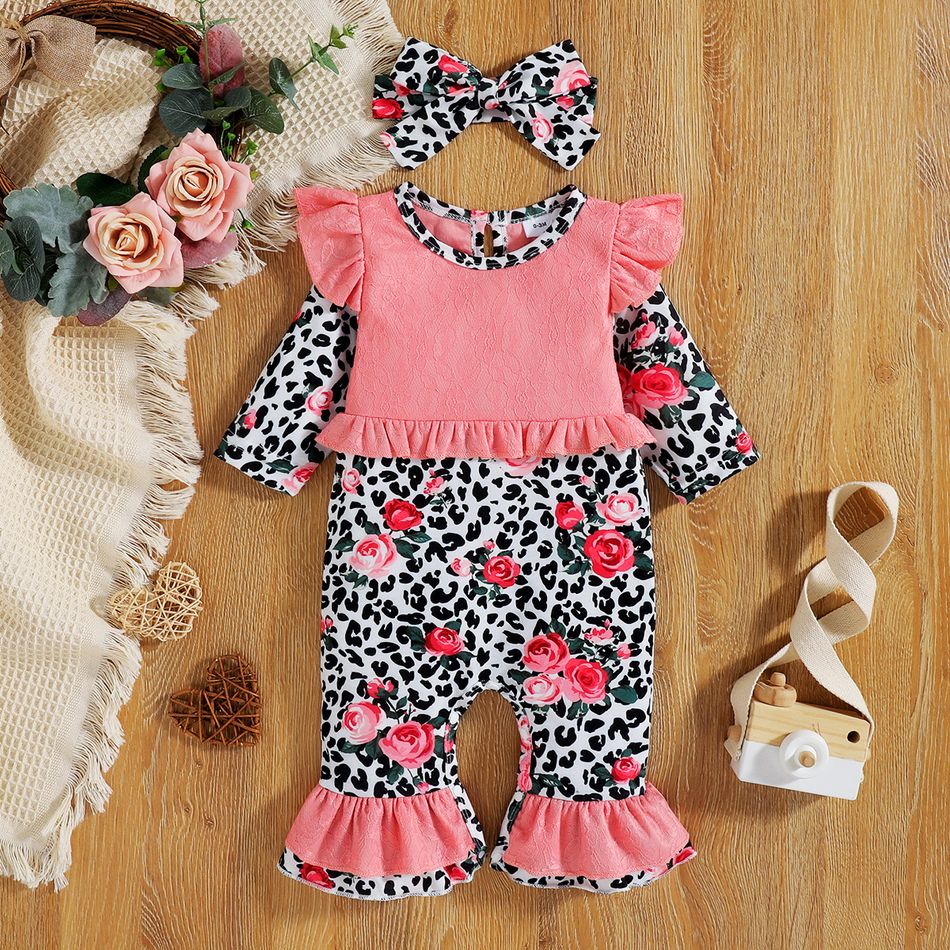 2pcs Baby Girl Floral Print Leopard Long-sleeve Faux-two Splicing Pink Lace Ruffle Bell Bottom Jumpsuit with Headband Set Pink