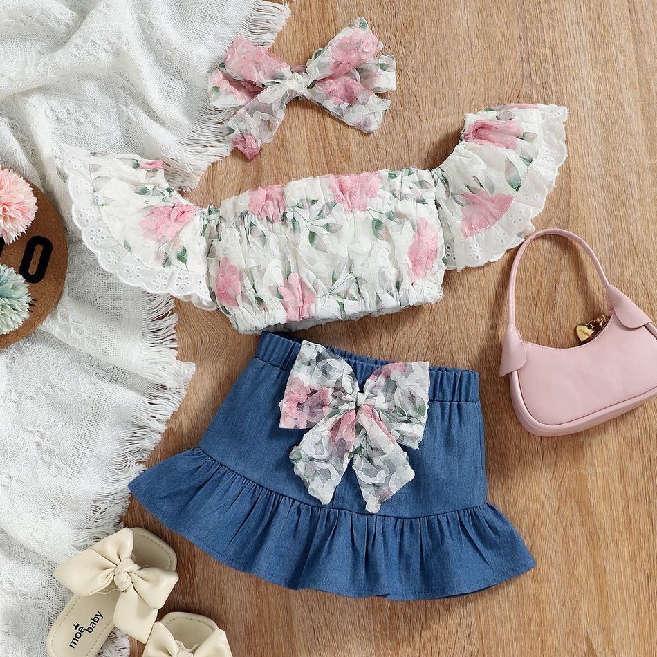 3pcs Baby Girl 100% Cotton Denim Bowknot Ruffle Skirt and Floral Mesh Off Shoulder Short-sleeve Crop Top with Headband Set Light Pink