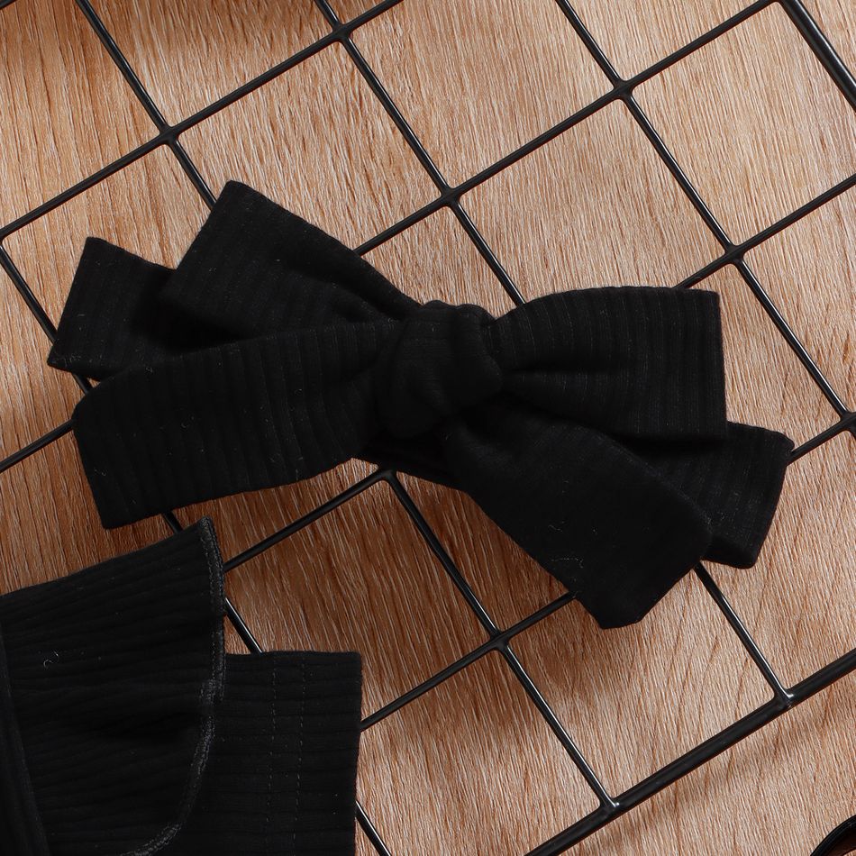 100% Cotton 3pcs Baby Ribbed Ruffle Short-sleeve Romper and Plaid Skirt with Headband Set Black big image 8