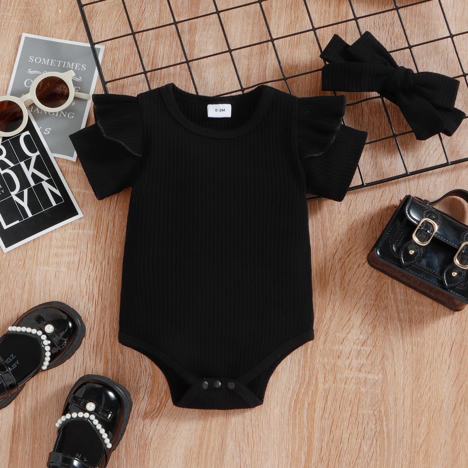 100% Cotton 3pcs Baby Ribbed Ruffle Short-sleeve Romper and Plaid Skirt with Headband Set Black big image 3