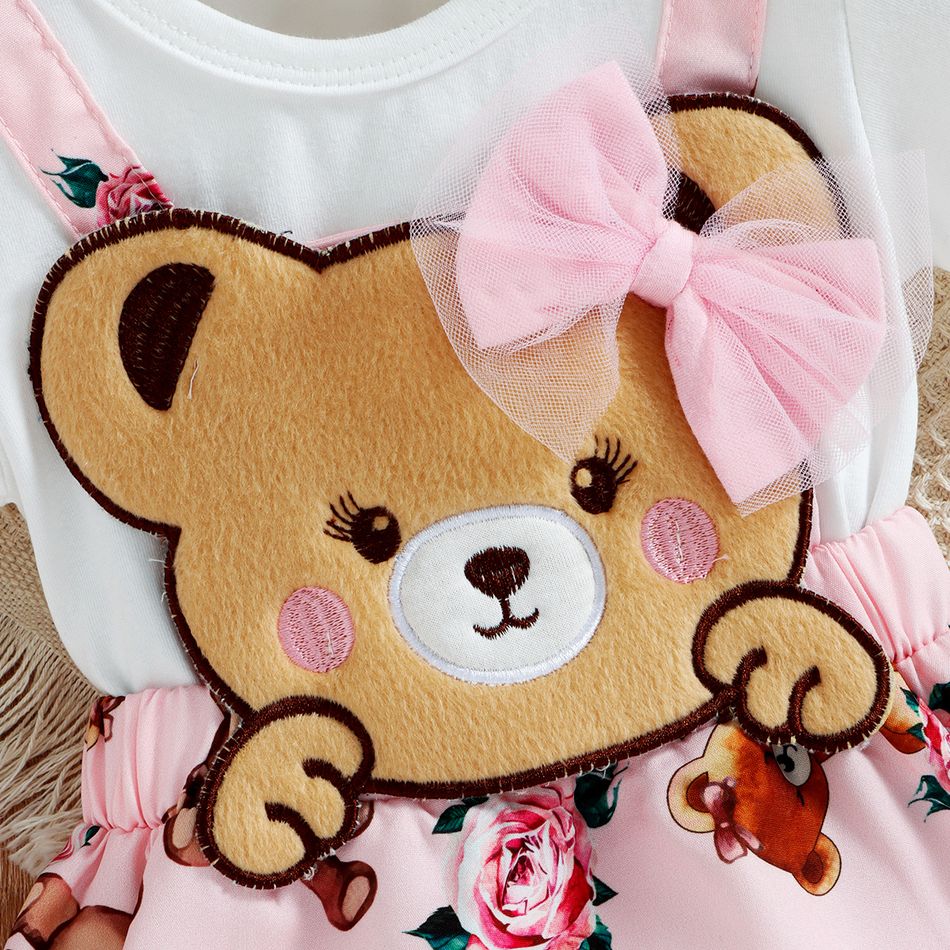 Baby Girl 100% Cotton Short-sleeve Cartoon Bear Faux-two Suspender Dress Pink big image 6