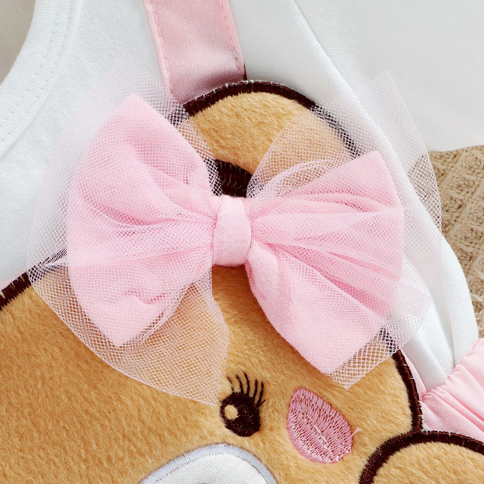 Baby Girl 100% Cotton Short-sleeve Cartoon Bear Faux-two Suspender Dress Pink big image 5