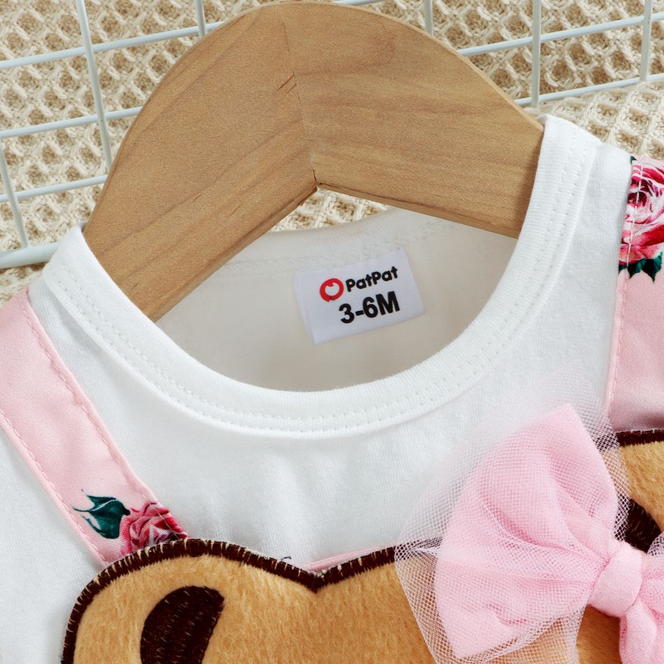 Baby Girl 100% Cotton Short-sleeve Cartoon Bear Faux-two Suspender Dress Pink big image 3