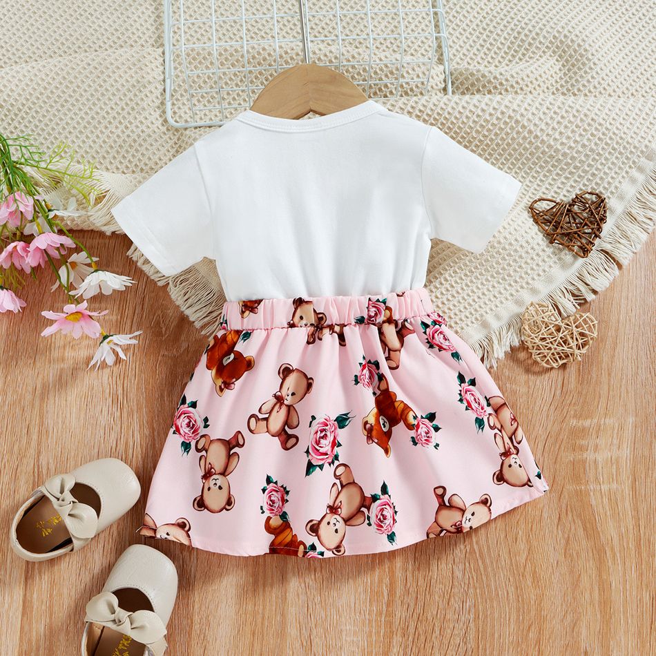 Baby Girl 100% Cotton Short-sleeve Cartoon Bear Faux-two Suspender Dress Pink big image 2