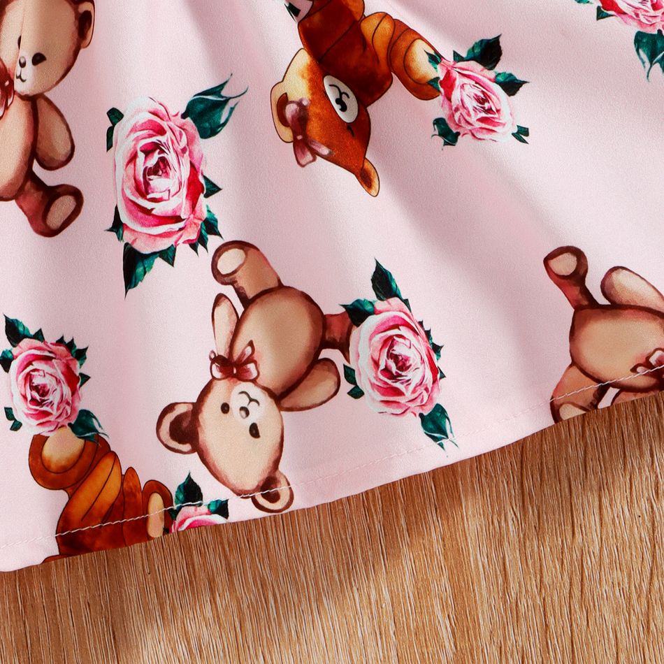 Baby Girl 100% Cotton Short-sleeve Cartoon Bear Faux-two Suspender Dress Pink big image 8
