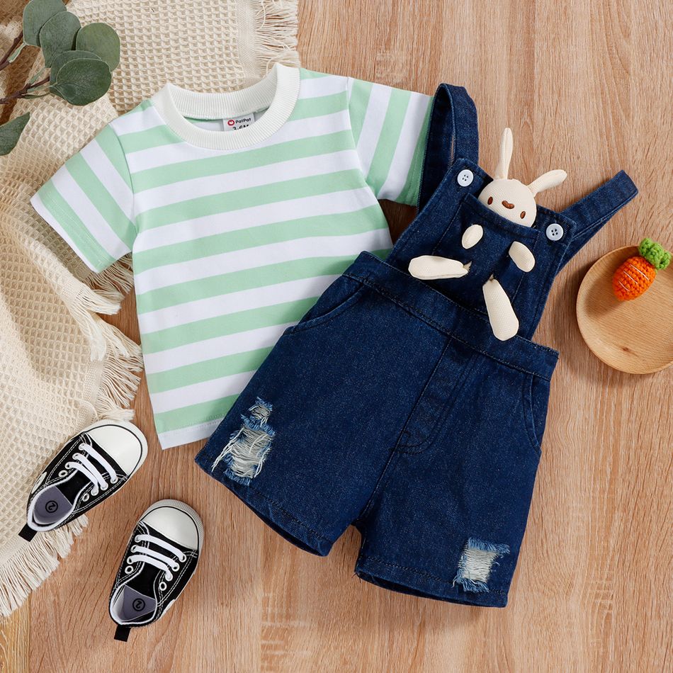 2pcs Baby Girl 3D Stuffed Animal Design Ripped Denim Overalls Shorts and Striped Short-sleeve Tee Set Blue