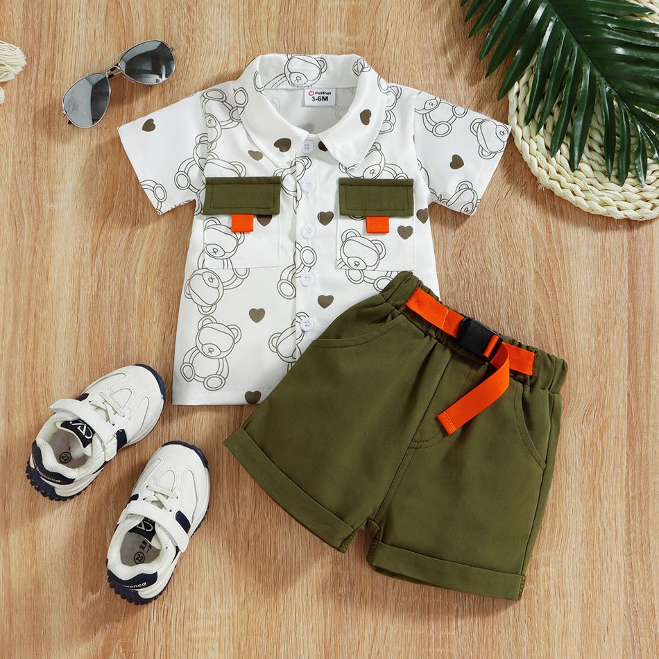 2pcs Baby Boy/Girl 100% Cotton Shorts and All Over Bear Print Short-sleeve Shirt Set White