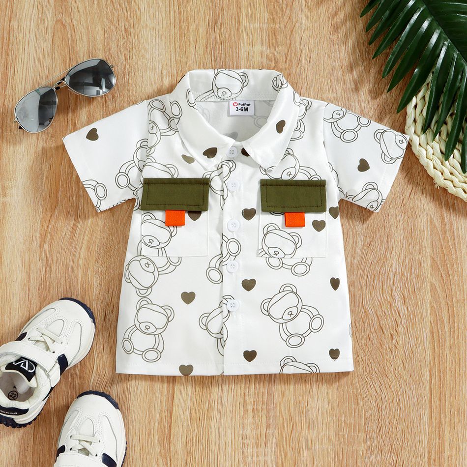 2pcs Baby Boy/Girl 100% Cotton Shorts and All Over Bear Print Short-sleeve Shirt Set White big image 4