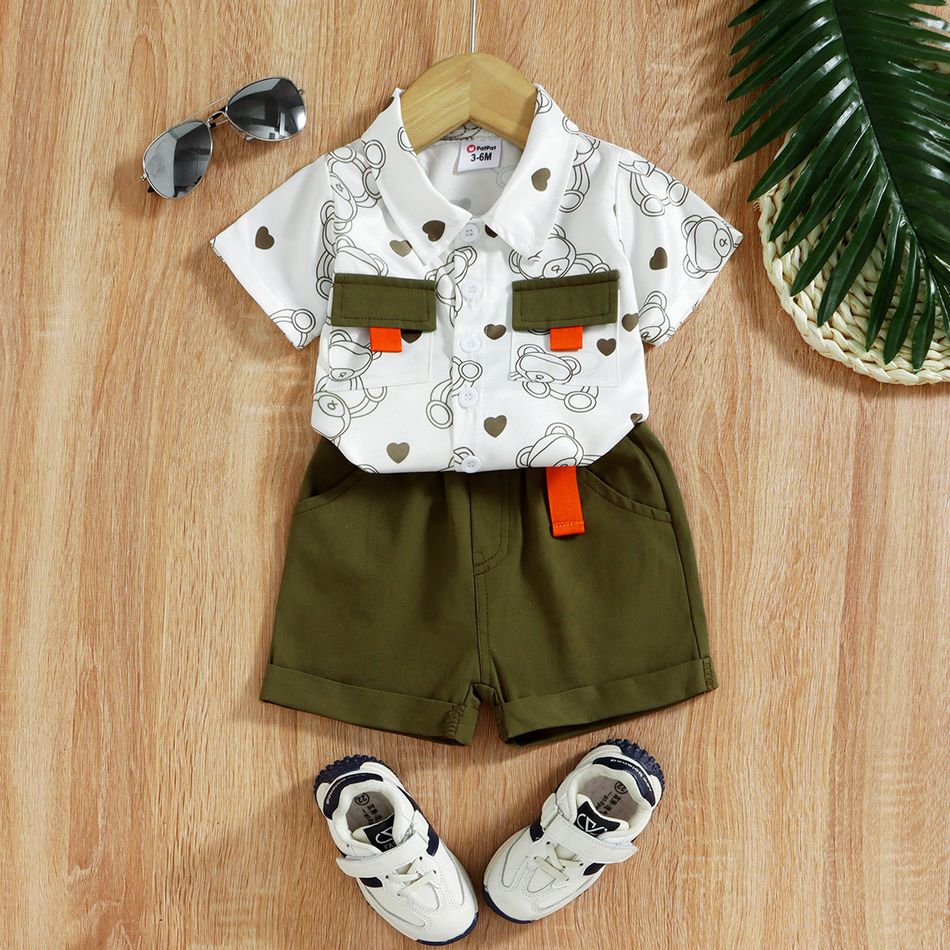 2pcs Baby Boy/Girl 100% Cotton Shorts and All Over Bear Print Short-sleeve Shirt Set White big image 3