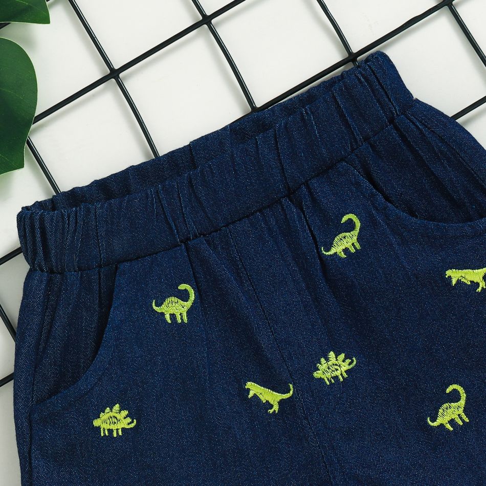 2pcs Baby Boy 100% Cotton Dinosaur Embroidered Denim Shorts and Plaid Faux-two Short-sleeve Top Set Tibetanblue big image 8