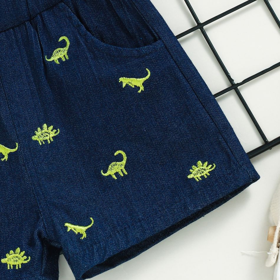 2pcs Baby Boy 100% Cotton Dinosaur Embroidered Denim Shorts and Plaid Faux-two Short-sleeve Top Set Tibetanblue