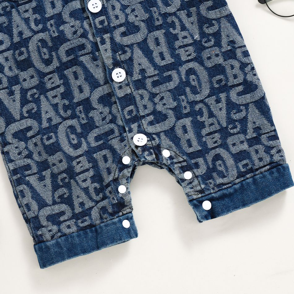 100% Cotton Denim Baby Boy Allover Letter Print Button Front Short-sleeve Jumpsuit DENIMBLUE big image 7