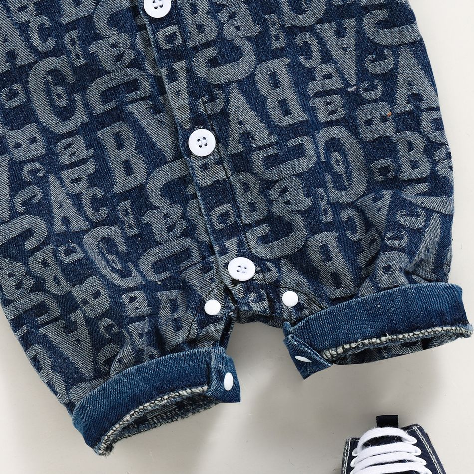 100% Cotton Denim Baby Boy Allover Letter Print Button Front Short-sleeve Jumpsuit DENIMBLUE big image 8