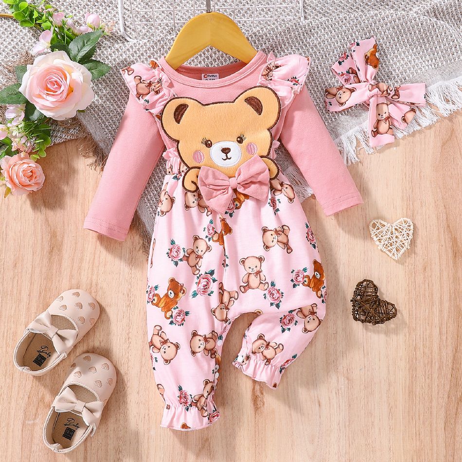 2pcs Baby Girl Faux-two Long-sleeve Allover Cartoon Bear Print Pink Bow Front Ruffle Trim Jumpsuit with Headband Set Pink big image 1