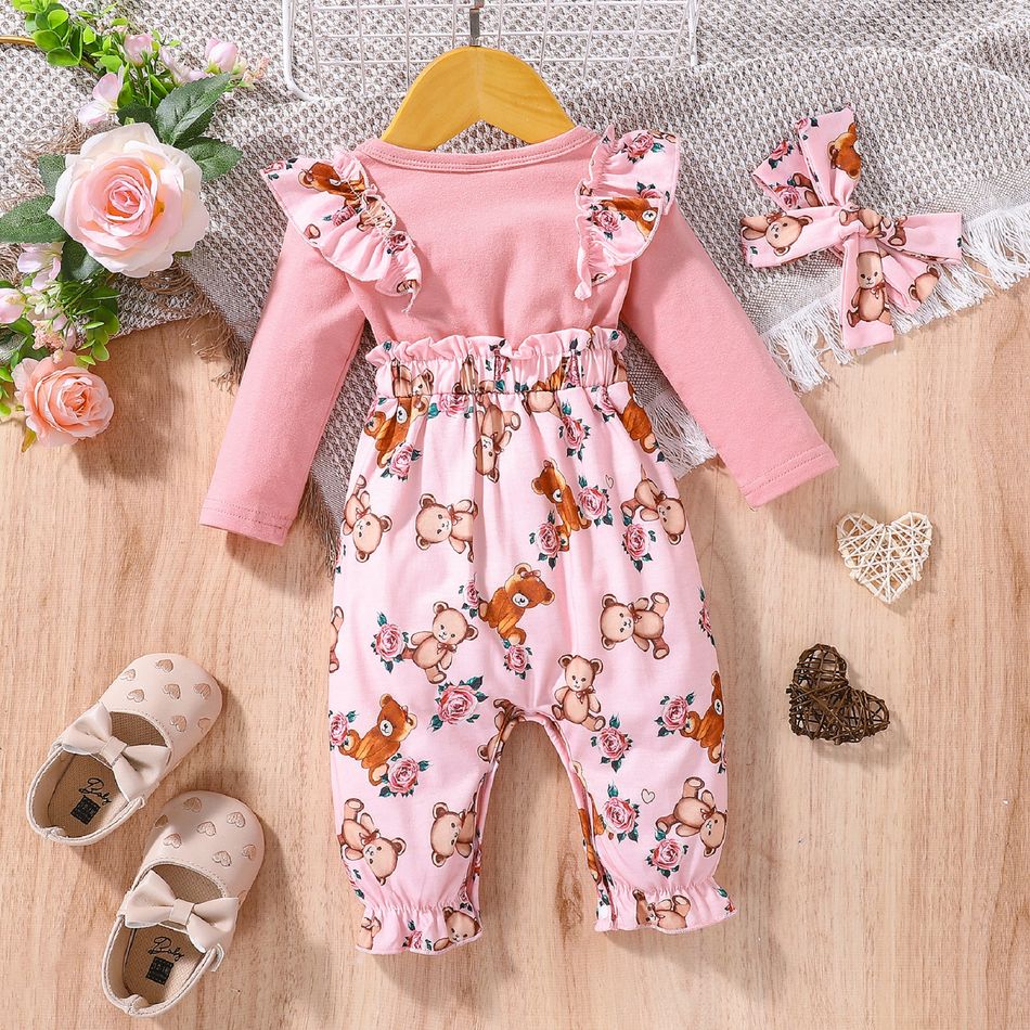 2pcs Baby Girl Faux-two Long-sleeve Allover Cartoon Bear Print Pink Bow Front Ruffle Trim Jumpsuit with Headband Set Pink big image 2