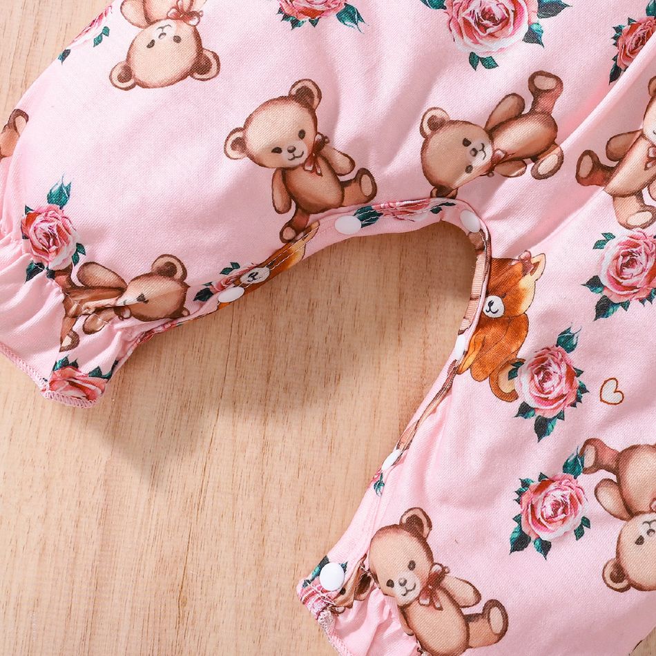 2pcs Baby Girl Faux-two Long-sleeve Allover Cartoon Bear Print Pink Bow Front Ruffle Trim Jumpsuit with Headband Set Pink big image 9