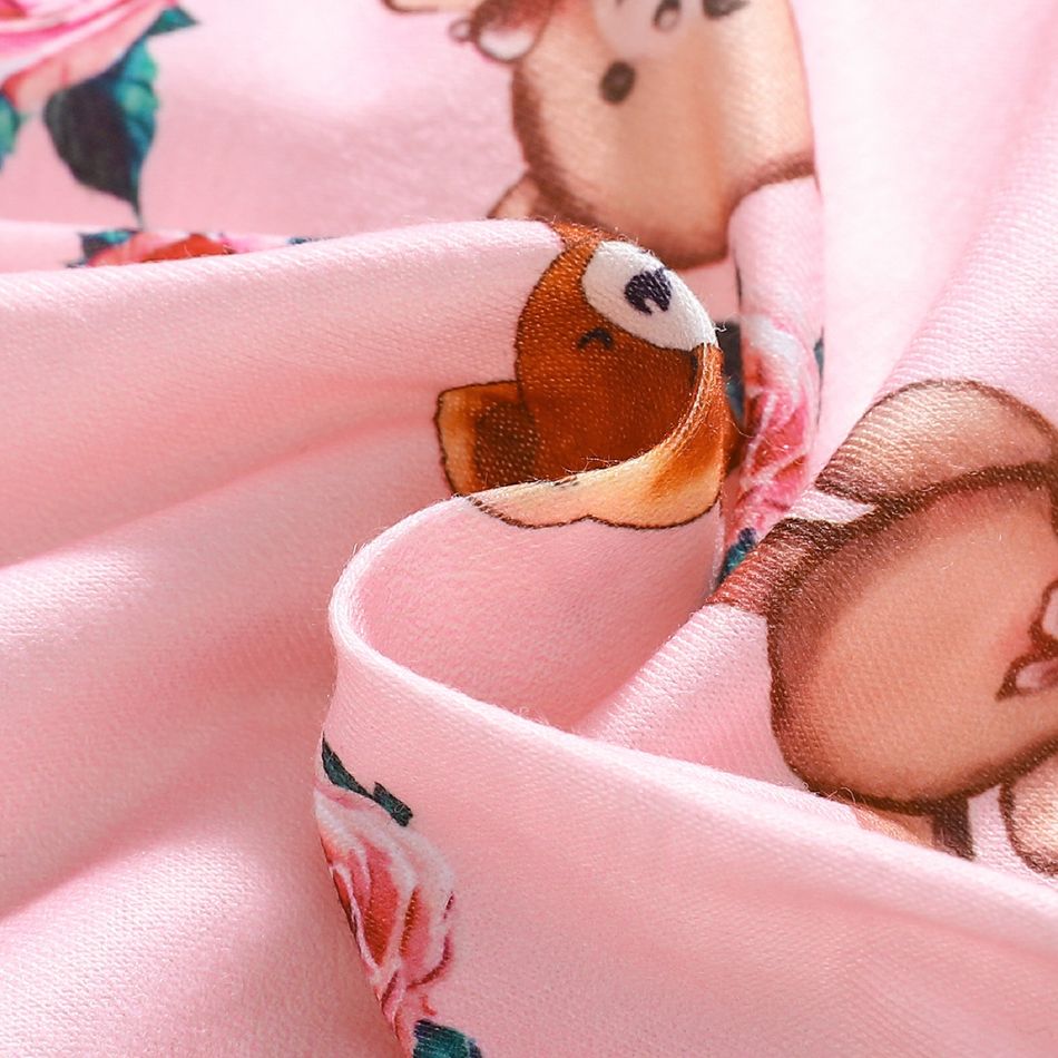 2pcs Baby Girl Faux-two Long-sleeve Allover Cartoon Bear Print Pink Bow Front Ruffle Trim Jumpsuit with Headband Set Pink big image 11