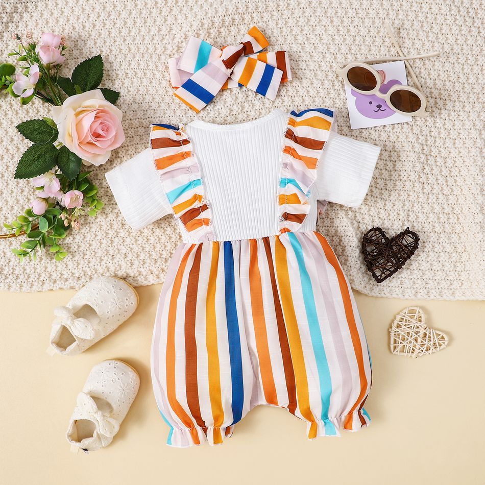 2pcs Baby Girl 95% Cotton Rib Knit Short-sleeve Cartoon Bear Design Striped Ruffle Trim Jumpsuit with Headband Set White big image 2