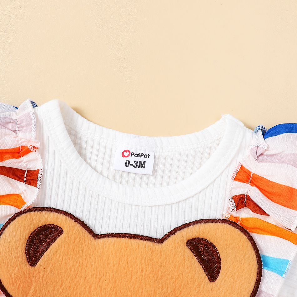 2pcs Baby Girl 95% Cotton Rib Knit Short-sleeve Cartoon Bear Design Striped Ruffle Trim Jumpsuit with Headband Set White big image 3