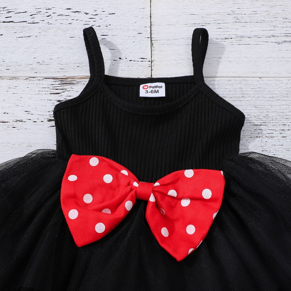 3pcs Baby Girl 100% Cotton Long-sleeve Polka Dots Crop Jacket and Rib Knit Spliced Mesh Cami Dress with Headband Set Black big image 6