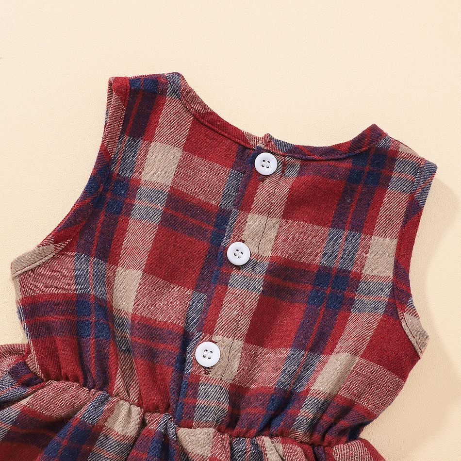 3pcs Baby Girl 100% Cotton Plaid Tank Dresses and Bow Front Ruffle Trim Long-sleeve Denim Cardigan with Headband Set Red big image 7