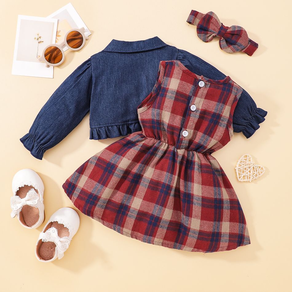 3pcs Baby Girl 100% Cotton Plaid Tank Dresses and Bow Front Ruffle Trim Long-sleeve Denim Cardigan with Headband Set Red big image 2