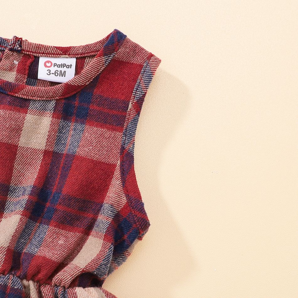 3pcs Baby Girl 100% Cotton Plaid Tank Dresses and Bow Front Ruffle Trim Long-sleeve Denim Cardigan with Headband Set Red big image 8