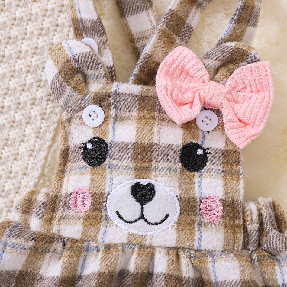 3pcs Baby Girl 95% Cotton Rib Knit Long-sleeve Romper and Cartoon Embroidered Plaid Overall Dress with Headband Set Brown big image 8