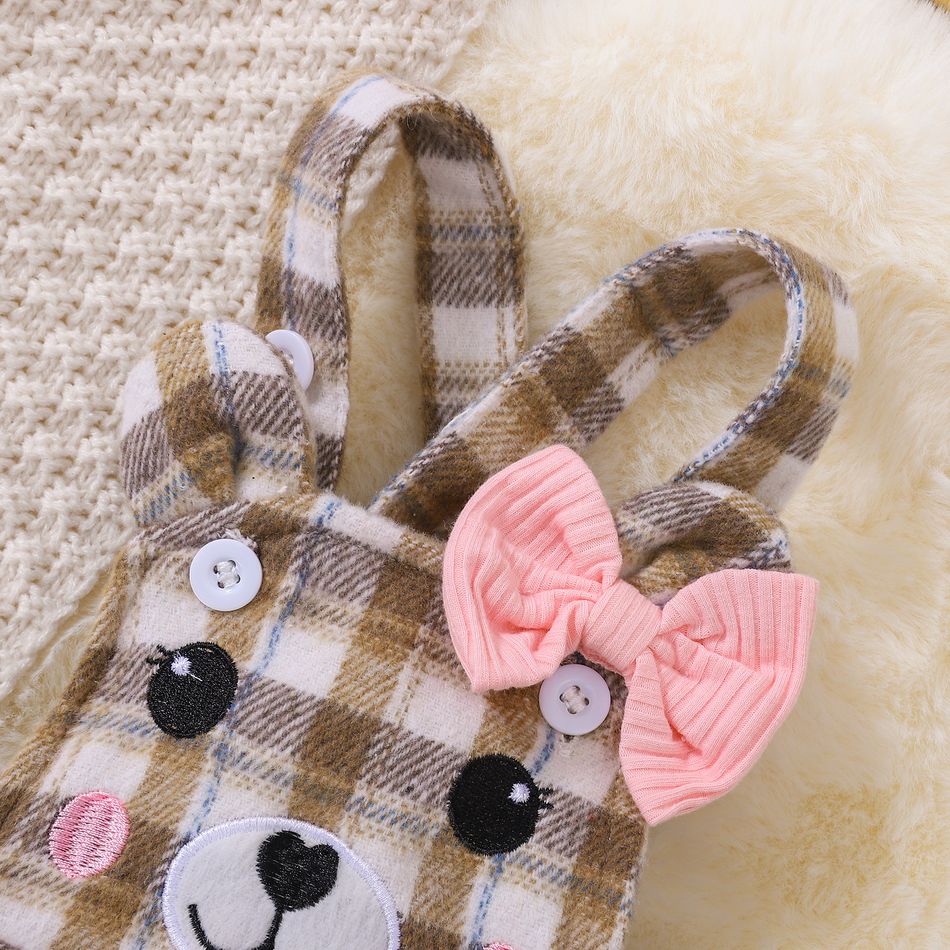 3pcs Baby Girl 95% Cotton Rib Knit Long-sleeve Romper and Cartoon Embroidered Plaid Overall Dress with Headband Set Brown big image 7