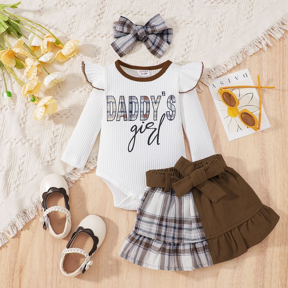 3pcs Baby Girl 100% Cotton Plaid Spliced Ruffle Skirt and Letter Print Rib Knit Long-sleeve Romper with Headband Set White
