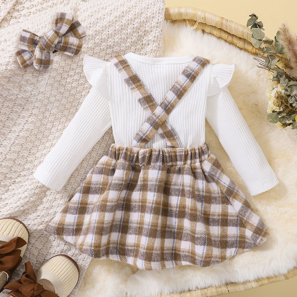 3pcs Baby Girl 95% Cotton Rib Knit Long-sleeve Romper and Cartoon Embroidered Plaid Overall Dress with Headband Set Brown big image 3
