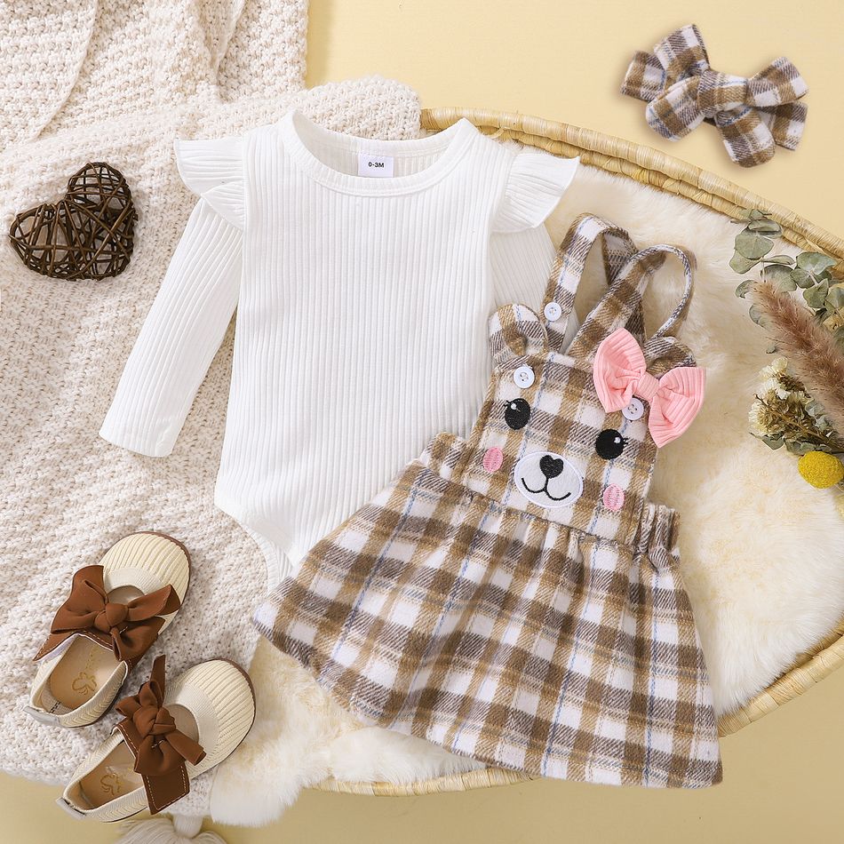 3pcs Baby Girl 95% Cotton Rib Knit Long-sleeve Romper and Cartoon Embroidered Plaid Overall Dress with Headband Set Brown big image 1