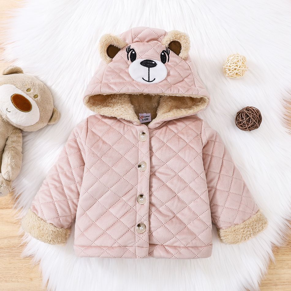 Baby Girl Thermal Lined Quilted Animal Embroidered Hooded Long-sleeve Coat Pink
