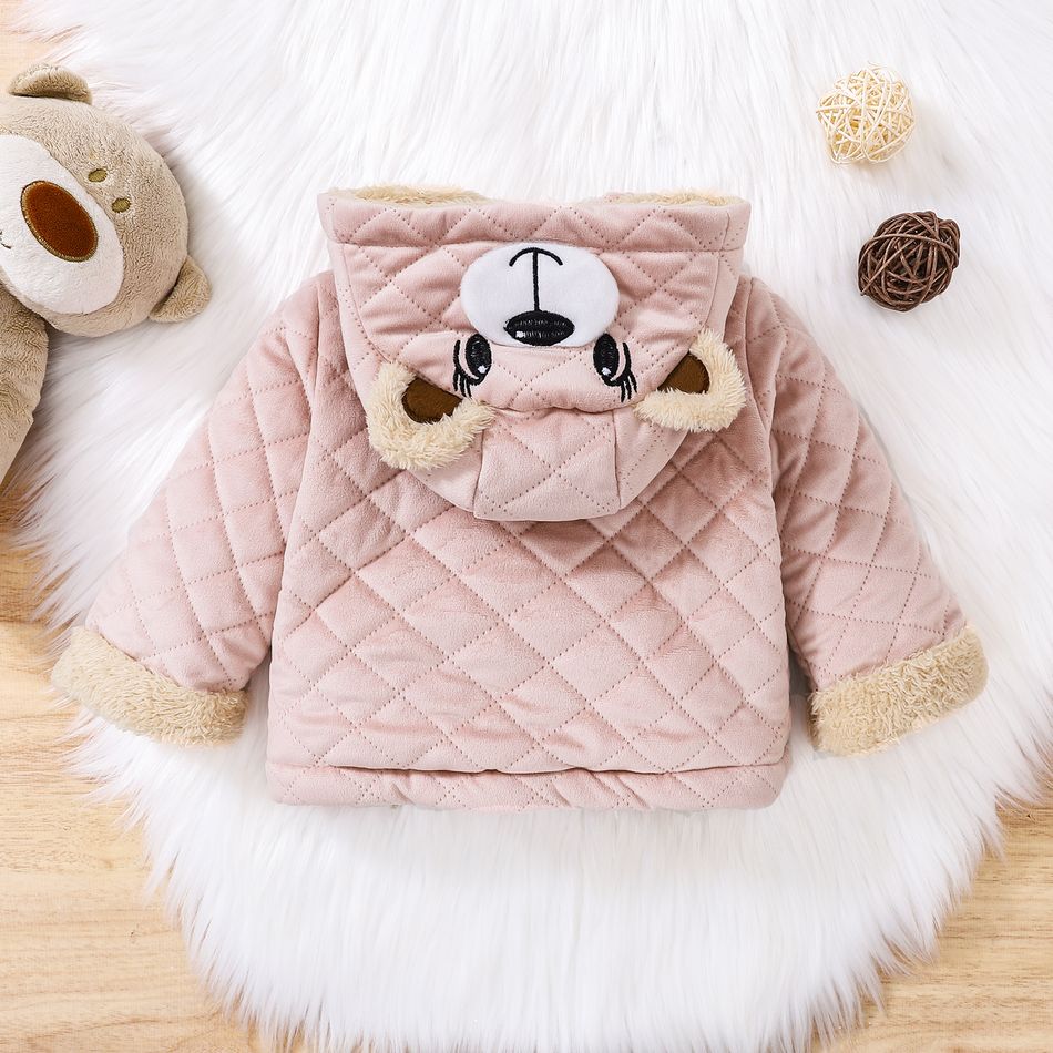 Baby Girl Thermal Lined Quilted Animal Embroidered Hooded Long-sleeve Coat Pink big image 2