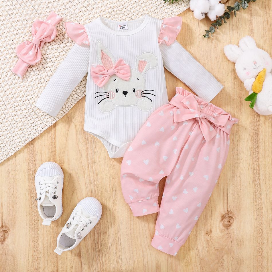 3pcs Baby Girl 95% Cotton Long-sleeve Rabbit Embroidered Rib Knit Romper and Polka Dots Paperbag Waist Pants with Headband Set White