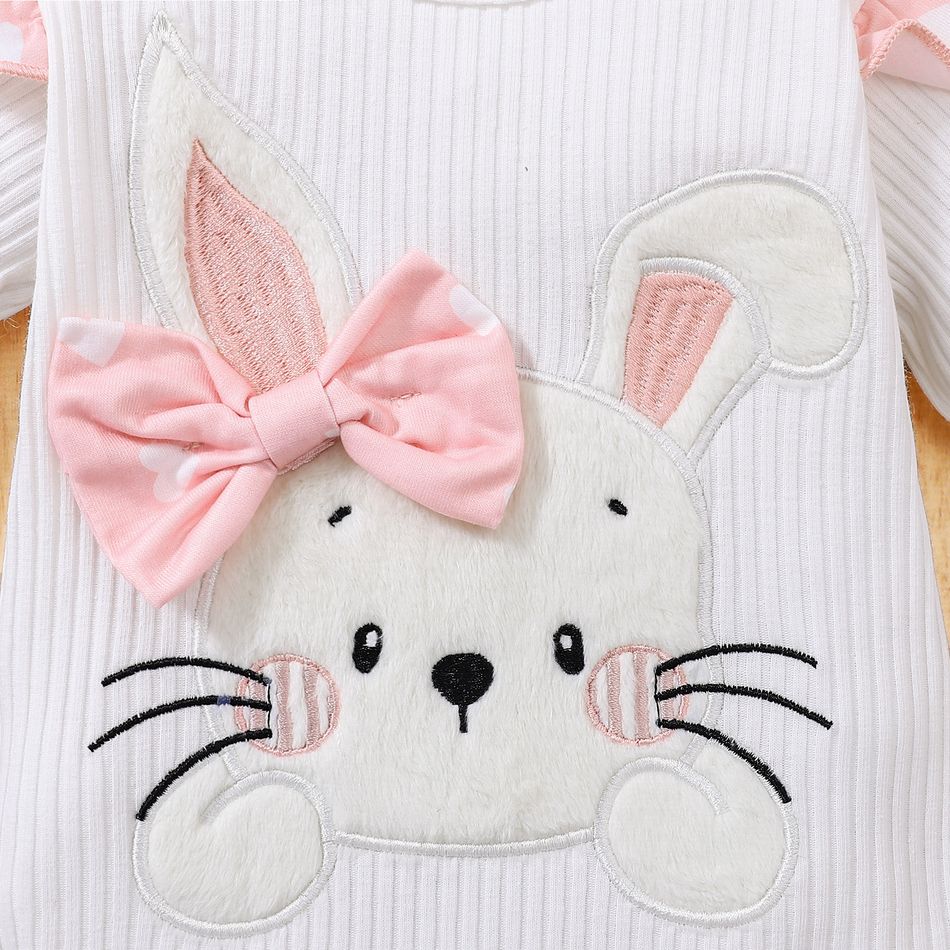 3pcs Baby Girl 95% Cotton Long-sleeve Rabbit Embroidered Rib Knit Romper and Polka Dots Paperbag Waist Pants with Headband Set White big image 5
