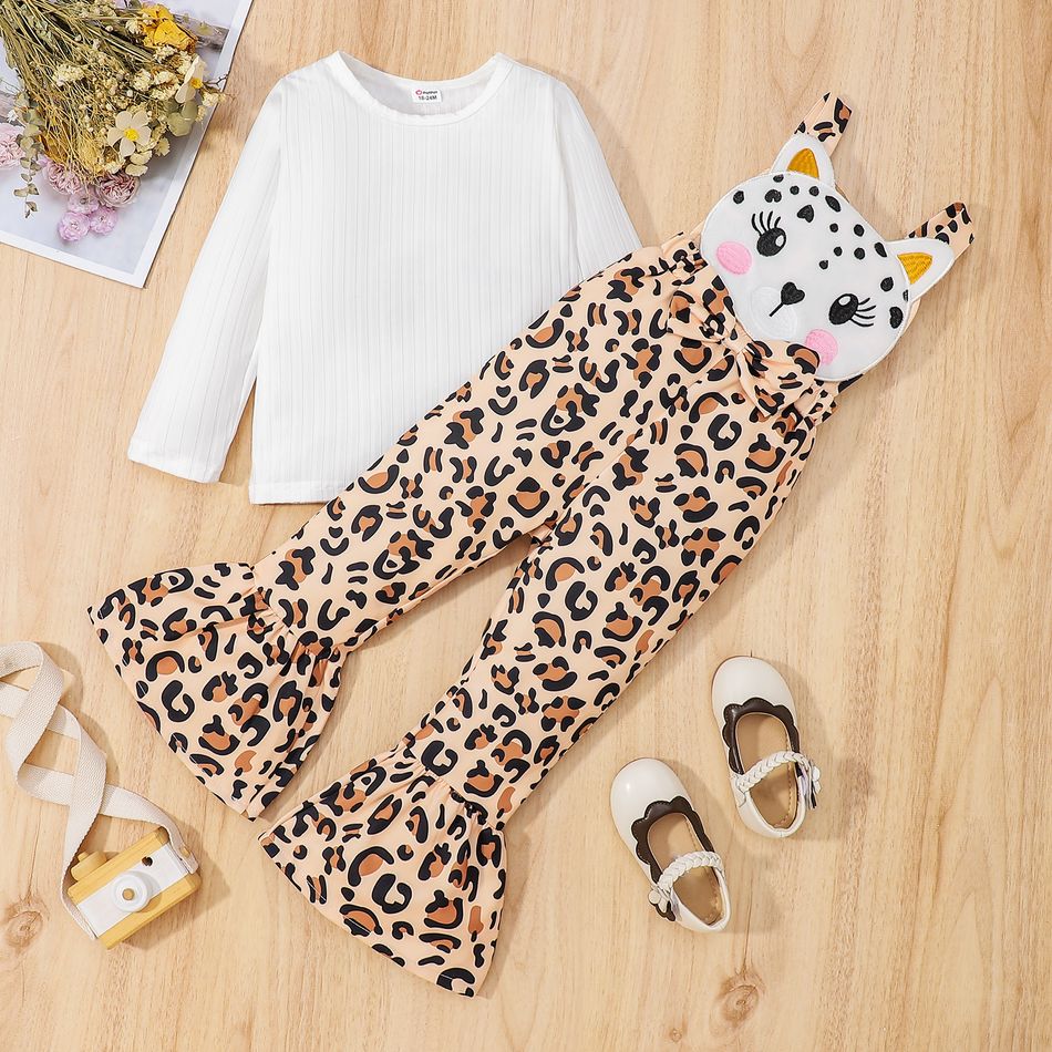 2pcs Toddler Girl Ribbed Long-sleeve White Tee and Leopard Print Patch Flared Overalls Set Brown big image 2