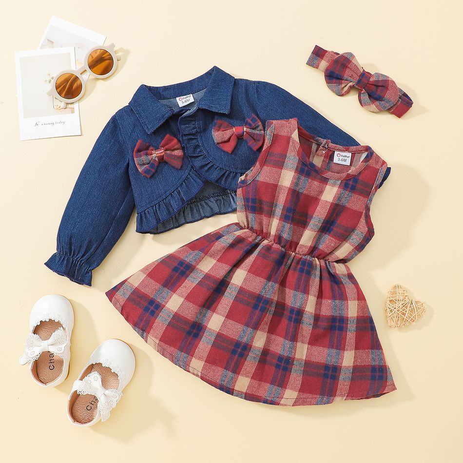 3pcs Baby Girl 100% Cotton Plaid Tank Dresses and Bow Front Ruffle Trim Long-sleeve Denim Cardigan with Headband Set Red big image 1