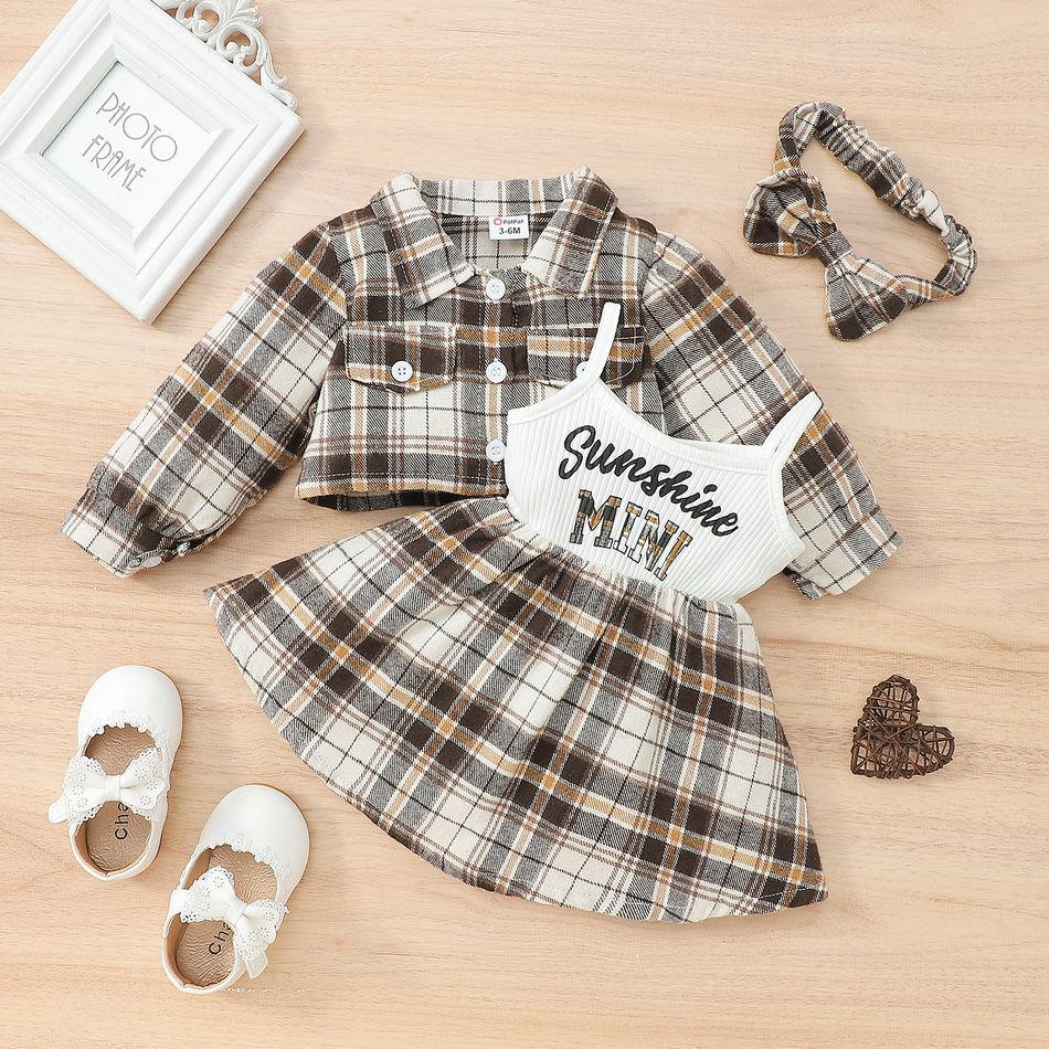 3pcs Baby Girl 100% Cotton Plaid Long-sleeve Cardigan and Letter Print Rib Knit Spliced Cami Dress with Headband Set Brown big image 1